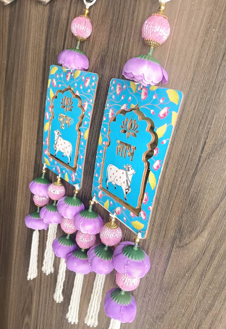 shubh labh cow design hanging with peony flowers pack of 2