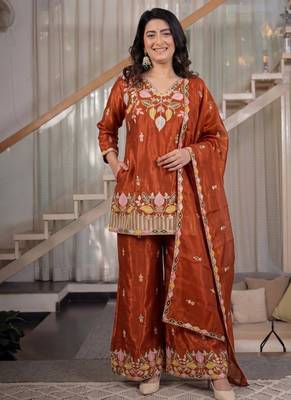 rust embroidery satin silk blend   full stitched sharara plazo 1
