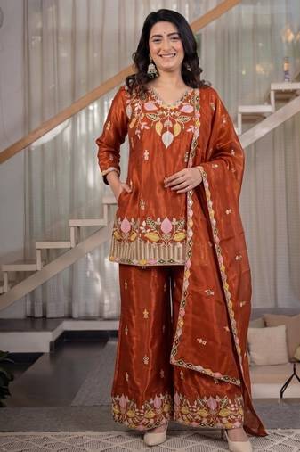 rust embroidery satin silk blend   full stitched sharara plazo