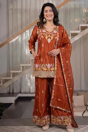 rust embroidery satin silk blend   full stitched sharara plazo