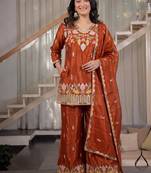 rust embroidery satin silk blend   full stitched sharara plazo