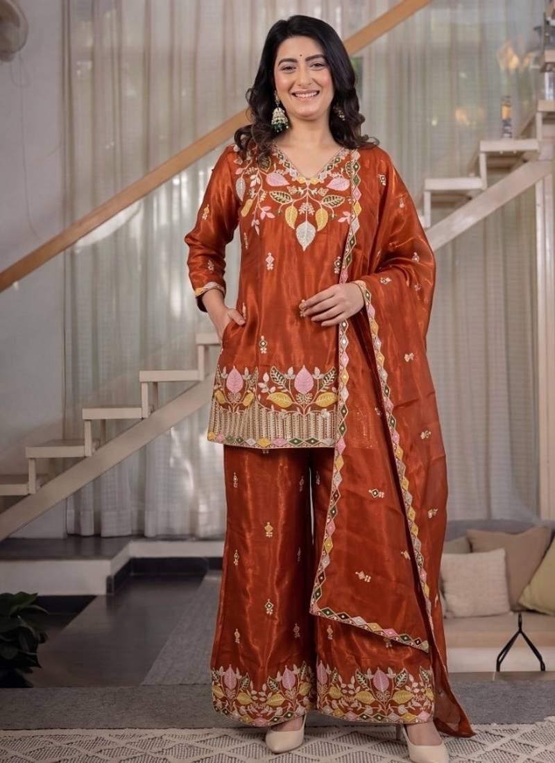 rust embroidery satin silk blend   full stitched sharara plazo