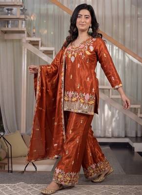 rust embroidery satin silk blend   full stitched sharara plazo 2