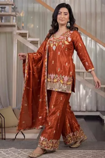 rust embroidery satin silk blend   full stitched sharara plazo