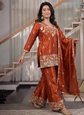 rust embroidery satin silk blend   full stitched sharara plazo 3
