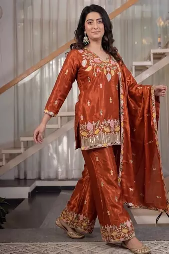 rust embroidery satin silk blend   full stitched sharara plazo