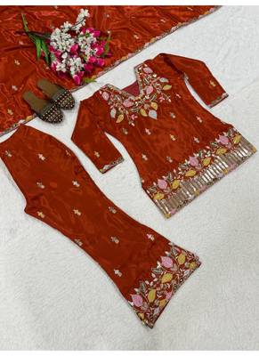 rust embroidery satin silk blend   full stitched sharara plazo 4