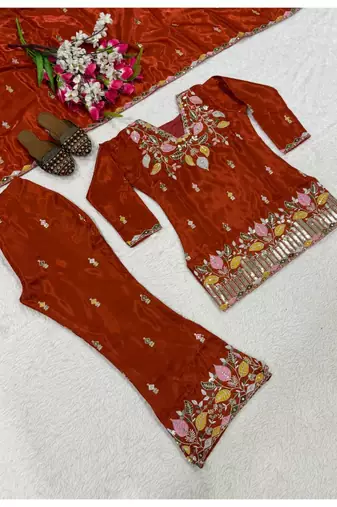 rust embroidery satin silk blend   full stitched sharara plazo