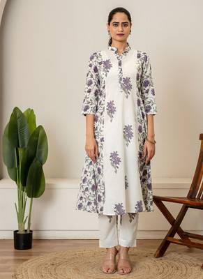 Lavender floral hand block printed cotton kurta pant set of 2 1