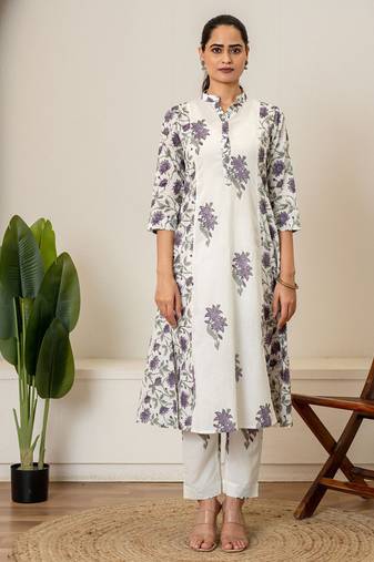Lavender floral hand block printed cotton kurta pant set of 2