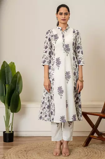 Lavender floral hand block printed cotton kurta pant set of 2