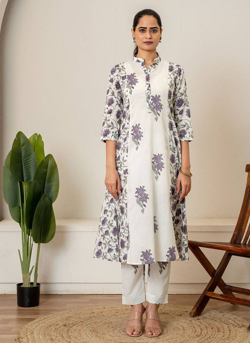 Lavender floral hand block printed cotton kurta pant set of 2
