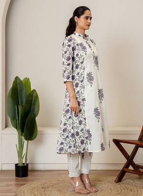 Lavender floral hand block printed cotton kurta pant set of 2 2