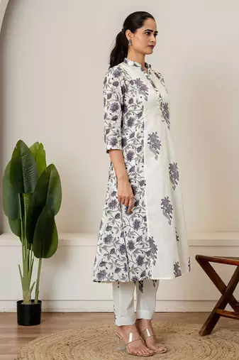 Lavender floral hand block printed cotton kurta pant set of 2
