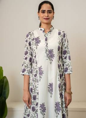 Lavender floral hand block printed cotton kurta pant set of 2 3