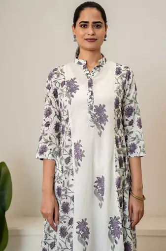 Lavender floral hand block printed cotton kurta pant set of 2