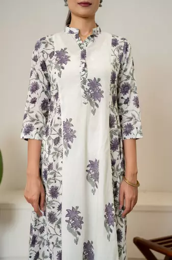 Lavender floral hand block printed cotton kurta pant set of 2