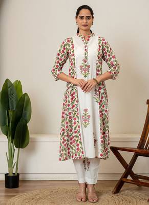 Red floral hand block printed cotton kurta pant set of 2 1