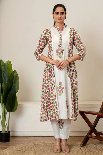 Red floral hand block printed cotton kurta pant set of 2