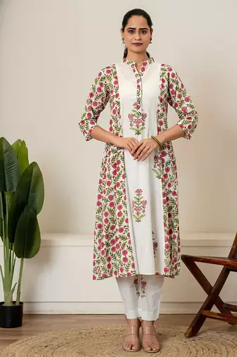 Red floral hand block printed cotton kurta pant set of 2