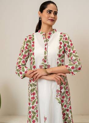 Red floral hand block printed cotton kurta pant set of 2 2
