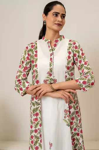 Red floral hand block printed cotton kurta pant set of 2