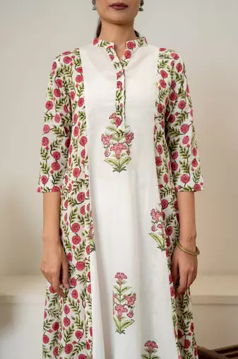 Red floral hand block printed cotton kurta pant set of 2