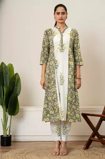 Yellow floral hand block printed cotton kurta pant set of 2