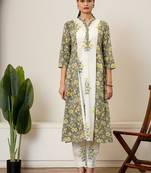 Yellow floral hand block printed cotton kurta pant set of 2