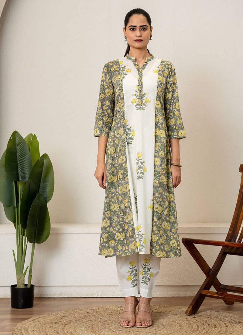 Yellow floral hand block printed cotton kurta pant set of 2