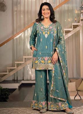 green embroidery satin silk    full stitched sharara plazo 1