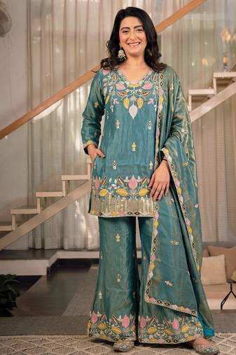 green embroidery satin silk    full stitched sharara plazo