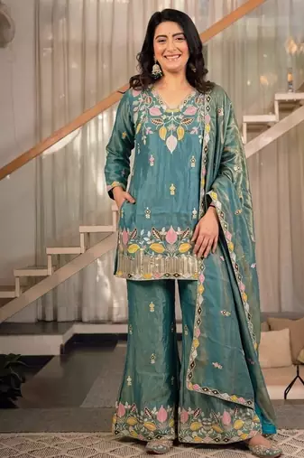 green embroidery satin silk    full stitched sharara plazo