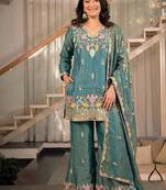 green embroidery satin silk    full stitched sharara plazo