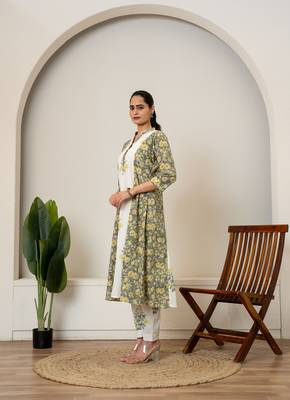 Yellow floral hand block printed cotton kurta pant set of 2 2