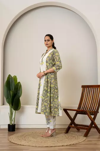Yellow floral hand block printed cotton kurta pant set of 2