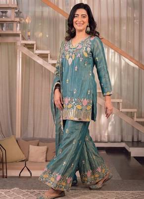 green embroidery satin silk    full stitched sharara plazo 2