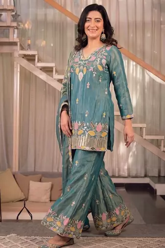 green embroidery satin silk    full stitched sharara plazo