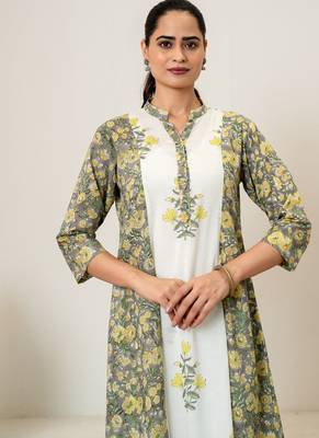 Yellow floral hand block printed cotton kurta pant set of 2 3