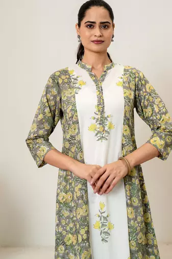 Yellow floral hand block printed cotton kurta pant set of 2