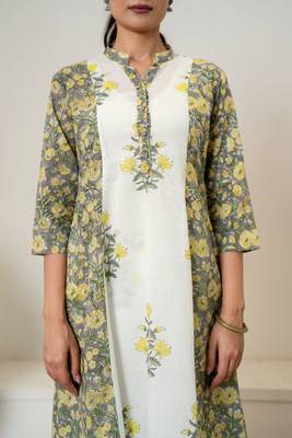 Yellow floral hand block printed cotton kurta pant set of 2 4