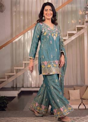 green embroidery satin silk    full stitched sharara plazo 3