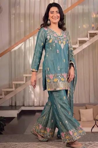 green embroidery satin silk    full stitched sharara plazo