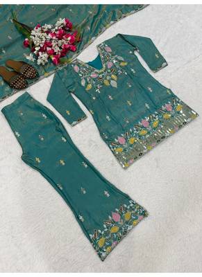 green embroidery satin silk    full stitched sharara plazo 4