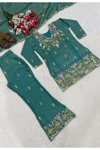 green embroidery satin silk    full stitched sharara plazo