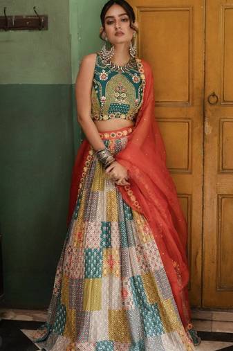 Vibrant multicolor printed French crepe silk fabric designer navratri lehenga