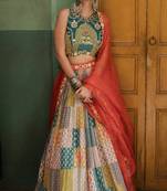 Vibrant multicolor printed French crepe silk fabric designer navratri lehenga