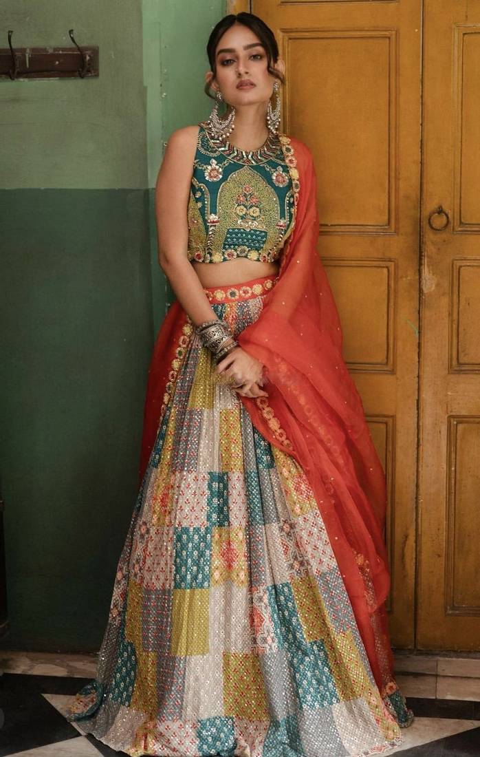 Vibrant multicolor printed French crepe silk fabric designer navratri lehenga