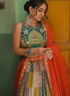 Vibrant multicolor printed French crepe silk fabric designer navratri lehenga 2