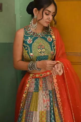 Vibrant multicolor printed French crepe silk fabric designer navratri lehenga